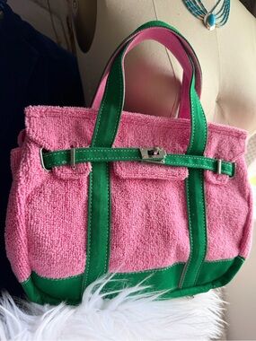 SUNWIN | Madaket Terry and Cotton Canvass Pink and Green Small Tote Handbag